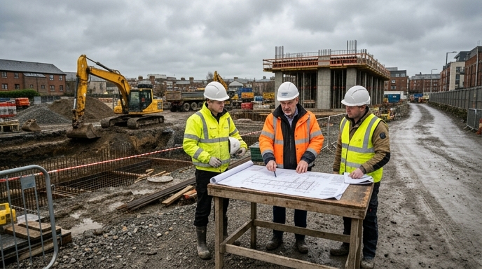 Commercial site development with heavy machinery in Dublin