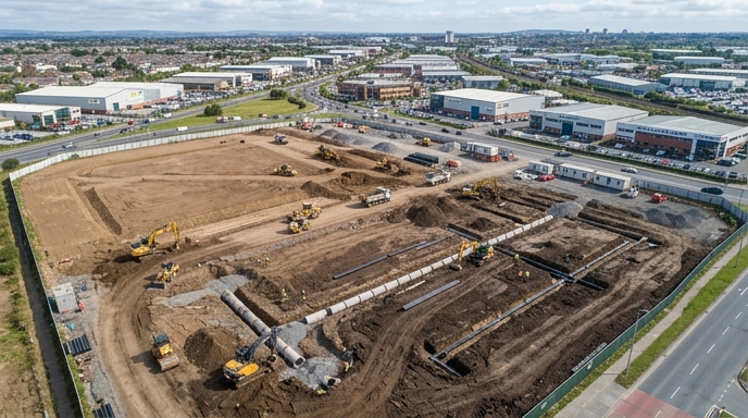 Foundation trenches and drainage pipe installation on a Dublin building site