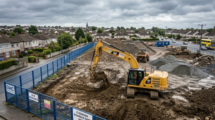 Completed earthworks and level formation on a commercial site in Dublin