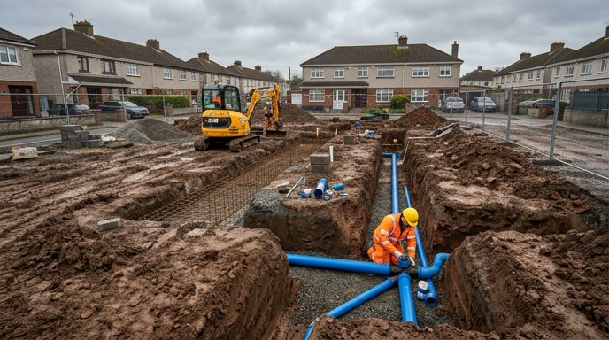 Excavator working on a residential civil engineering site in Dublin
