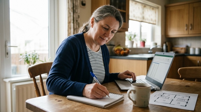 What Should You Do First in a Home Renovation? 1 Irish homeowners reviewing renovation drawings in a stripped room of their home