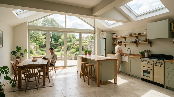 How to Design the Best Home Extension Layout 2 Homeowner and builder reviewing hand-drawn extension floor plans at a kitchen table