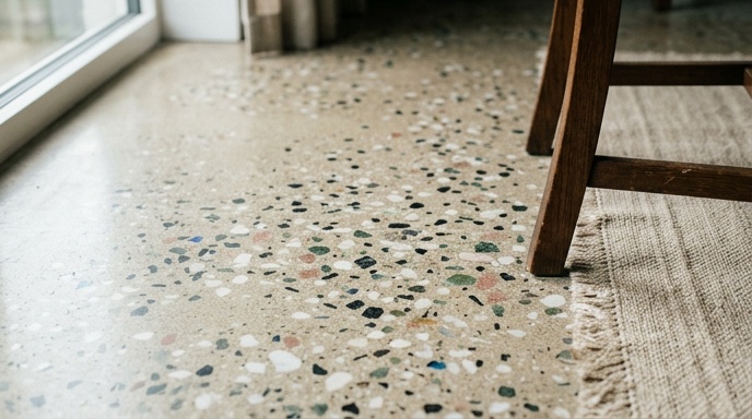 How Can Terrazzo Give Your Home a Style Update? 1 Polished terrazzo floor in a modern open-plan Irish kitchen with oak cabinetry