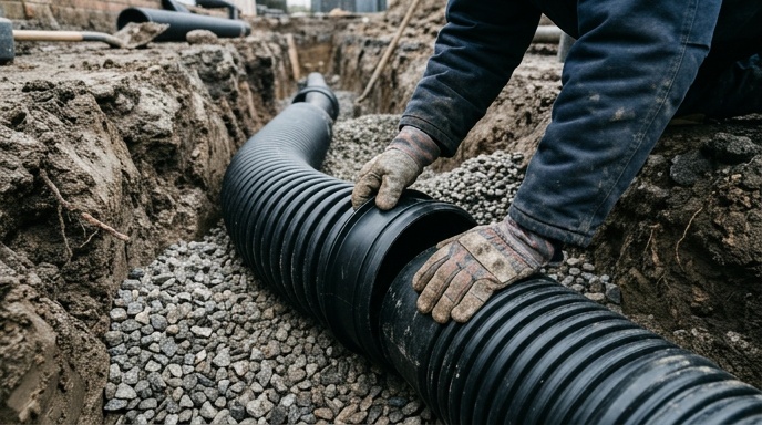 How Much Does Commercial Site Development Cost in Dublin? 1 Dublin commercial construction site during groundworks with excavator and drainage materials