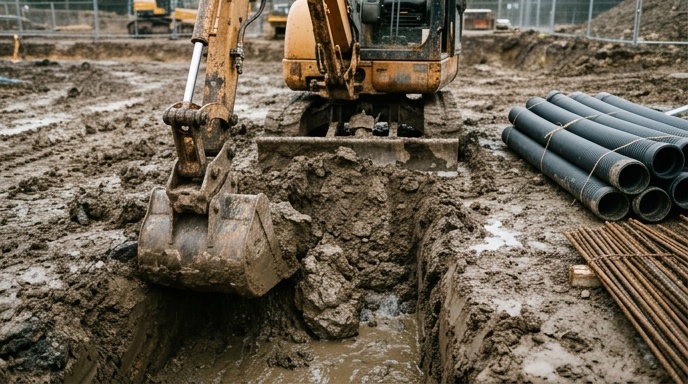 Civil Engineering Contractor Costs in Ireland: What to Expect 1 Site foreman reviewing drawings on an excavator bonnet at an active civil engineering site